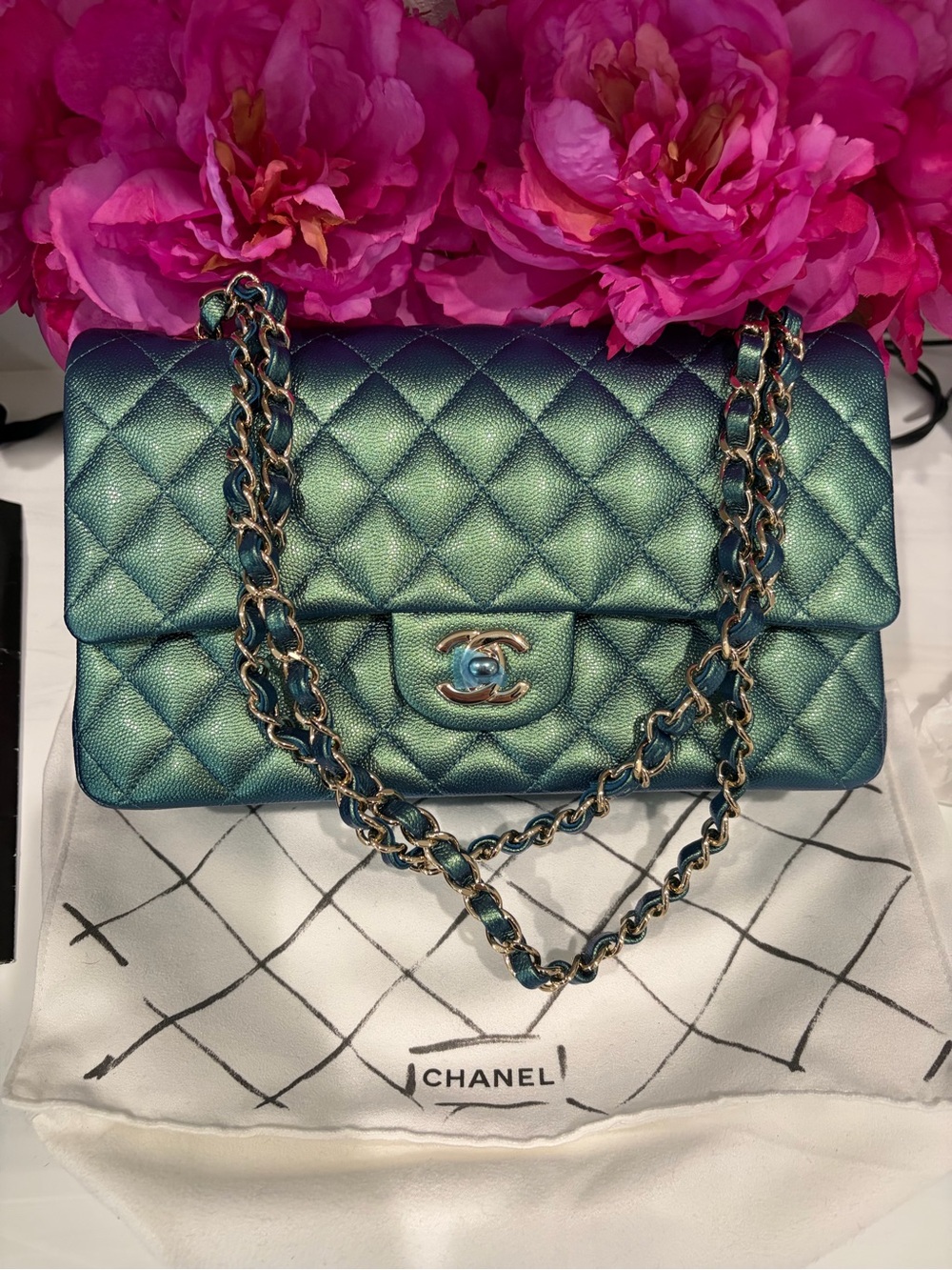 CHANEL Quilted Flap Bag in Iridescent Teal-Green with Gold Chain